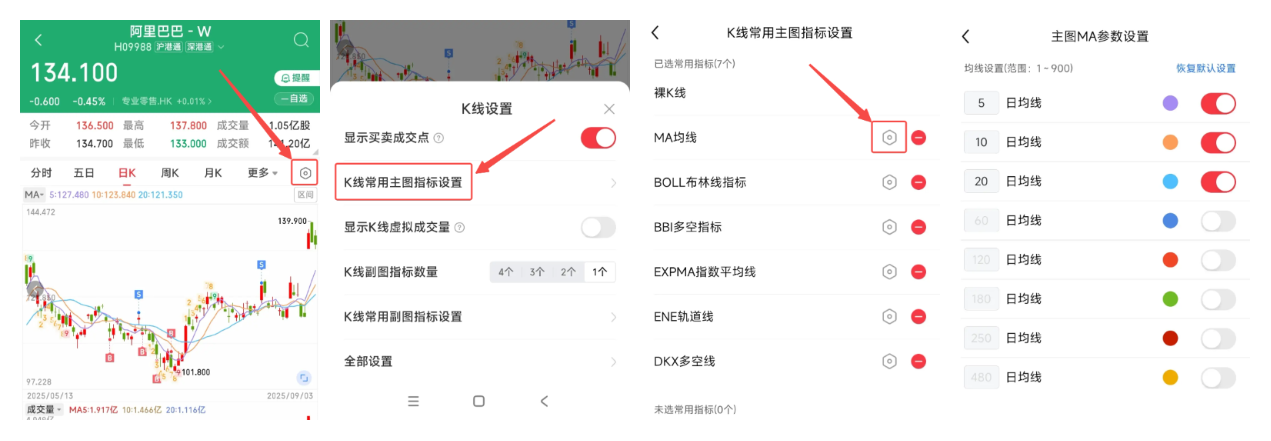 涨乐财富通 App 主图均线参数设置步骤